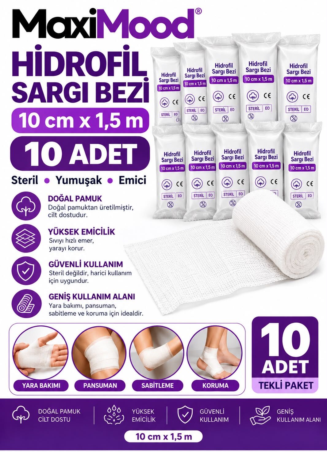 MaxiMood Hidrofil Sargı Bezi 10cm x 1,5cm (10Paket)