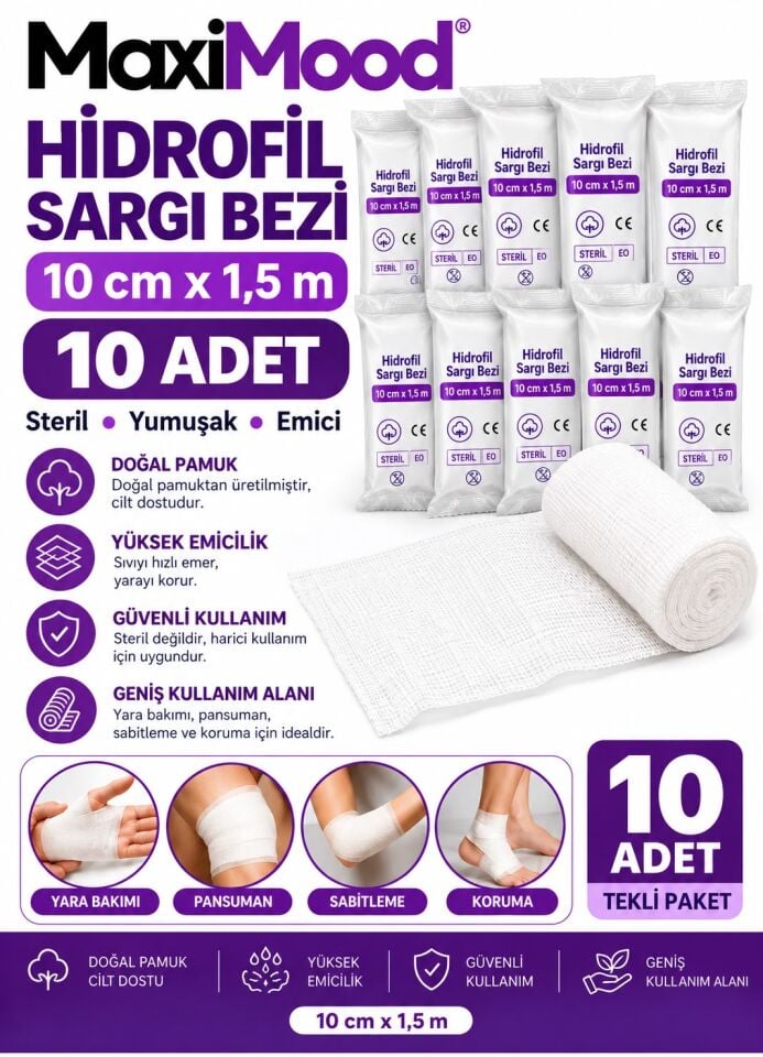 MaxiMood Hidrofil Sargı Bezi 10cm x 1,5cm (10Paket)