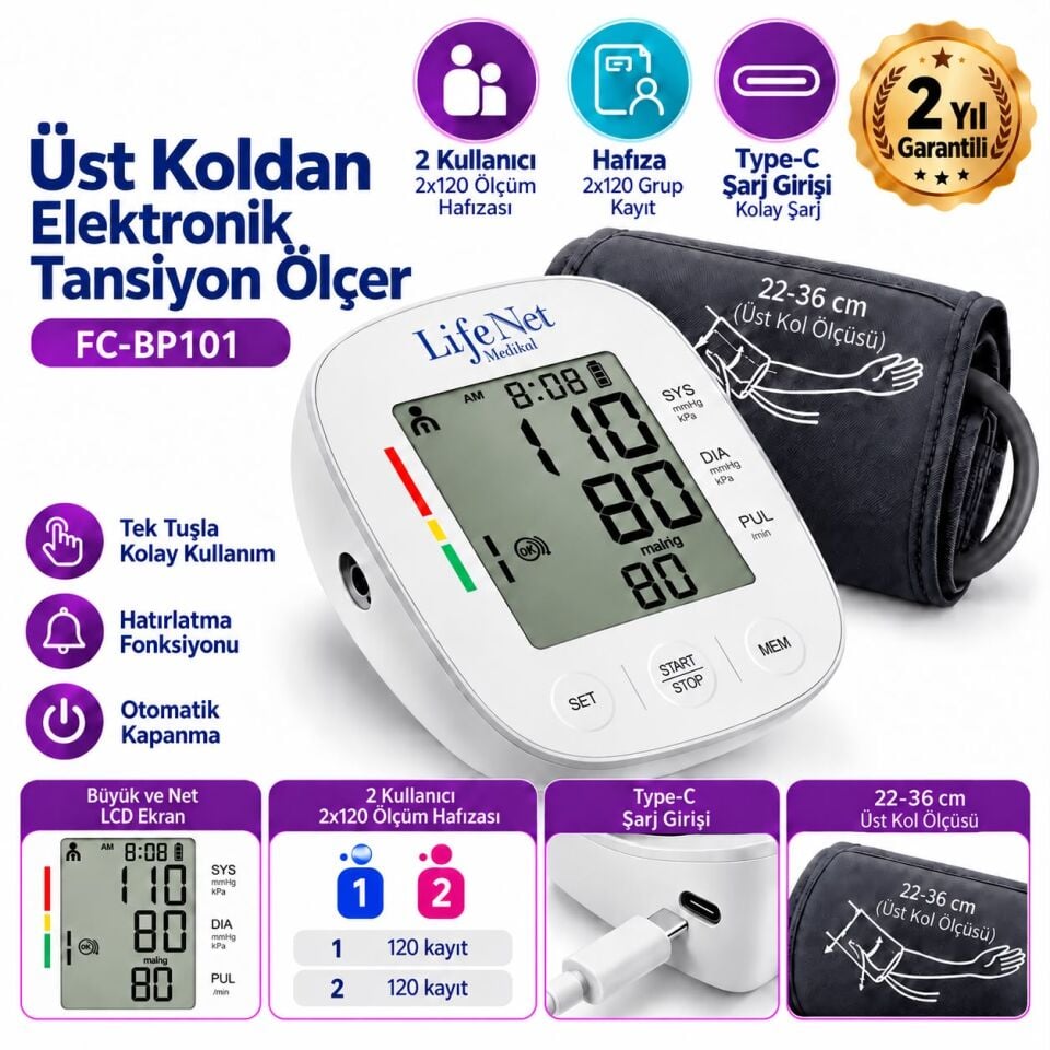 MaxiMood LifeNet BP101 Dijital Üst Koldan Tansiyon Aleti - Hafızalı, Çift Kullanıcılı, Type-C Girişli