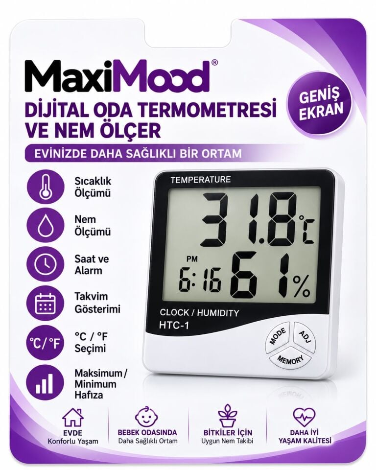 MaxiMood Dijital Oda Termometresi ve Nem Ölçer