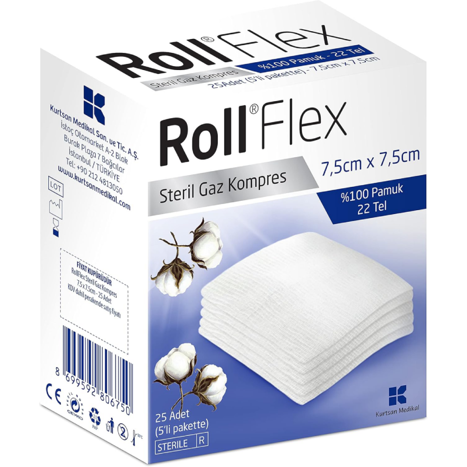 Roll Flex Steril Gaz Kompres 7.5cm x 7.5cm 25'li Gazlı Bez Spanç