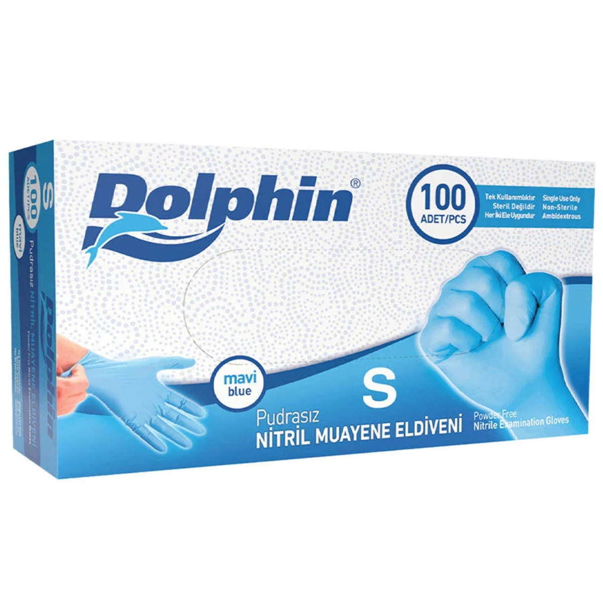 Dolphin Pudrasız Mavi Nitril Küçük Boy (S) 100'lü Paket Muayene Eldiveni