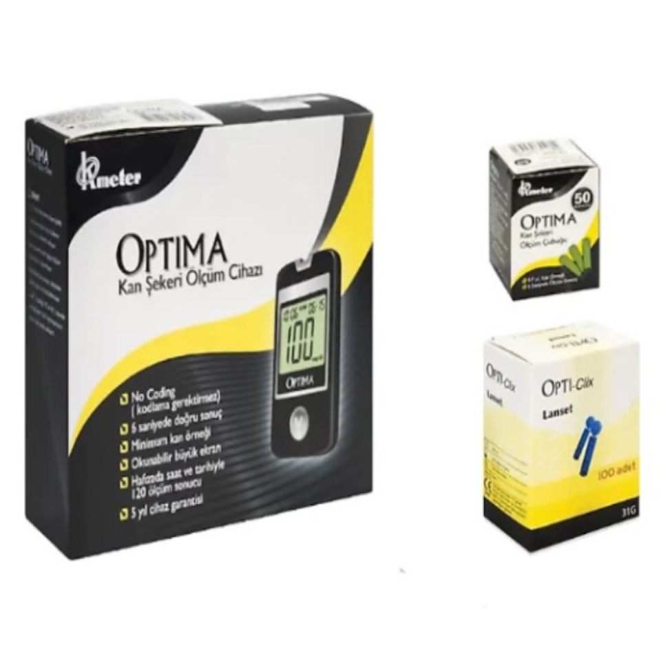 Optima Şeker Ölçüm Cihazı + Strip 50 Adet + 100 Lanset