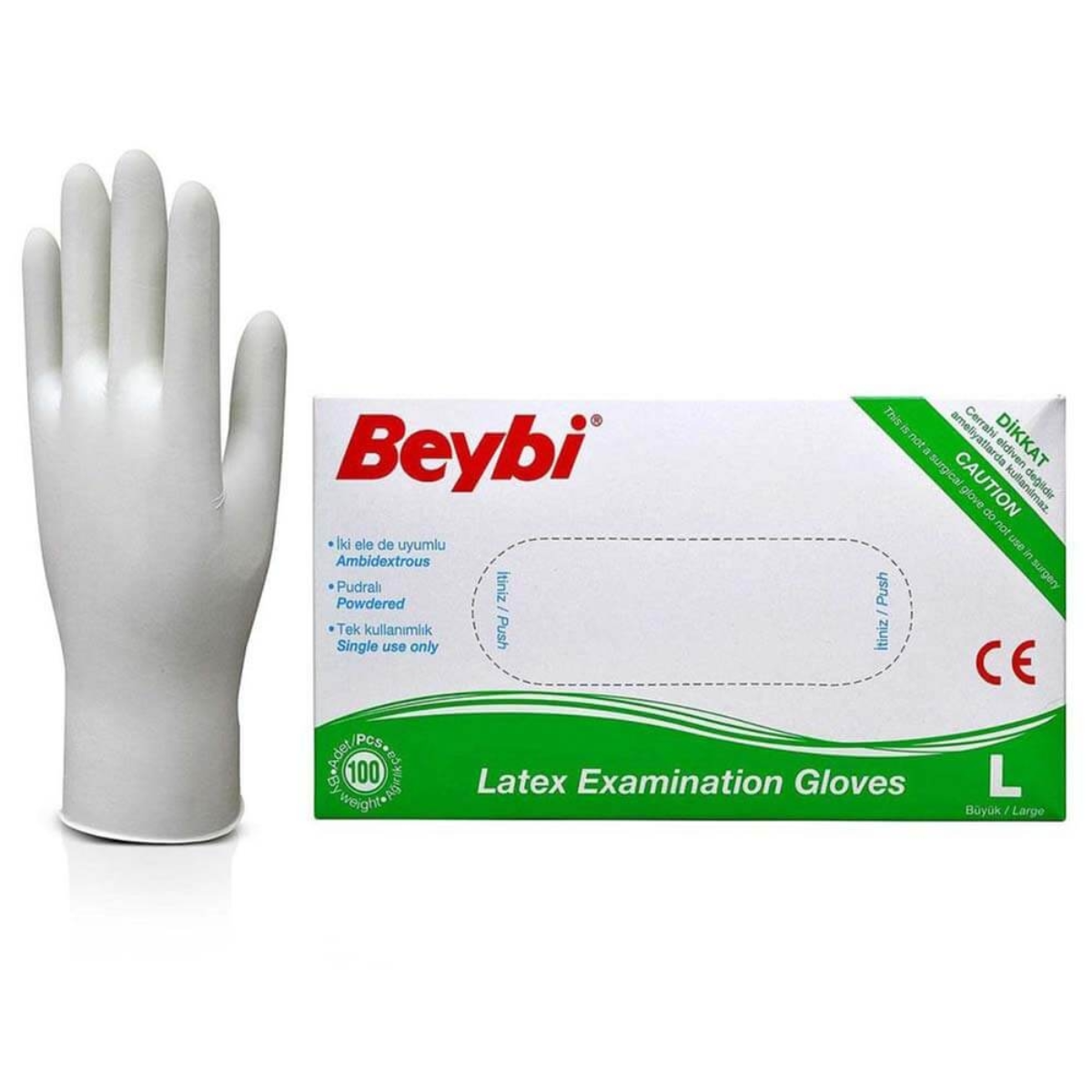 Beybi Lateks Pudralı Büyük Boy (L) 100'lü Muayene Eldiveni