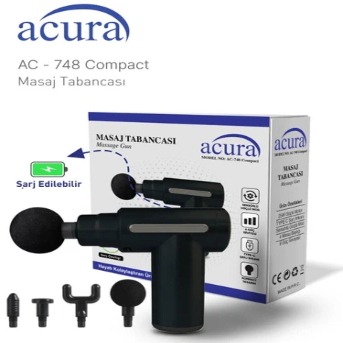Acura AC-748 Compact 6 Kademeli 4 Başlıklı Masaj Tabancası