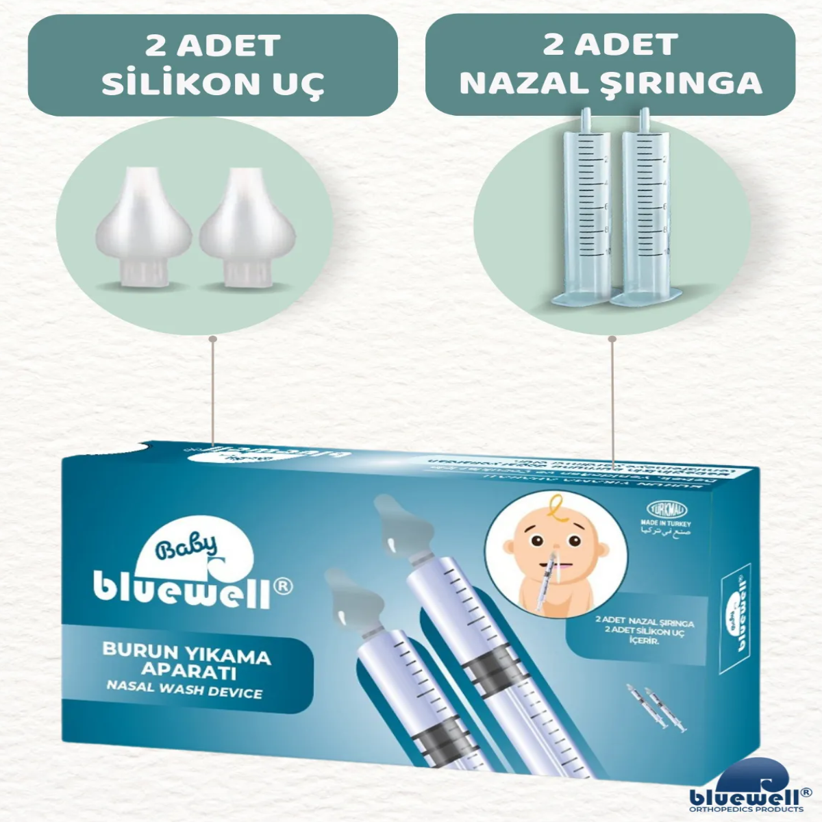 Bluewell 2'li Şırıngalı Bebek Burun Yıkama Enjektörü Nazal Aspiratör Temizleme Aparatı Silikon Uç ve Şırınga