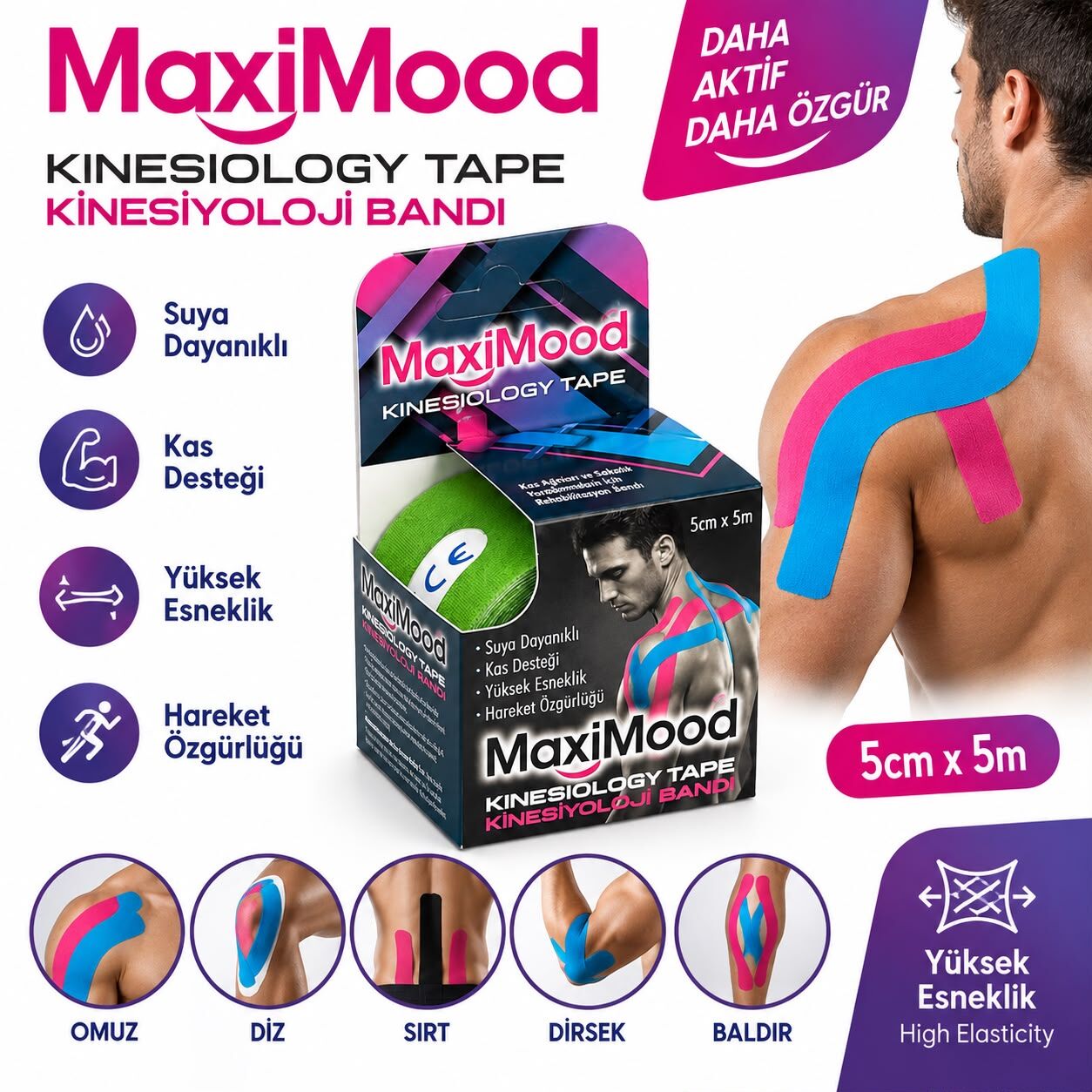 Maximood Kinesiyoloji Bandı 5cm X 5m - Yeşil