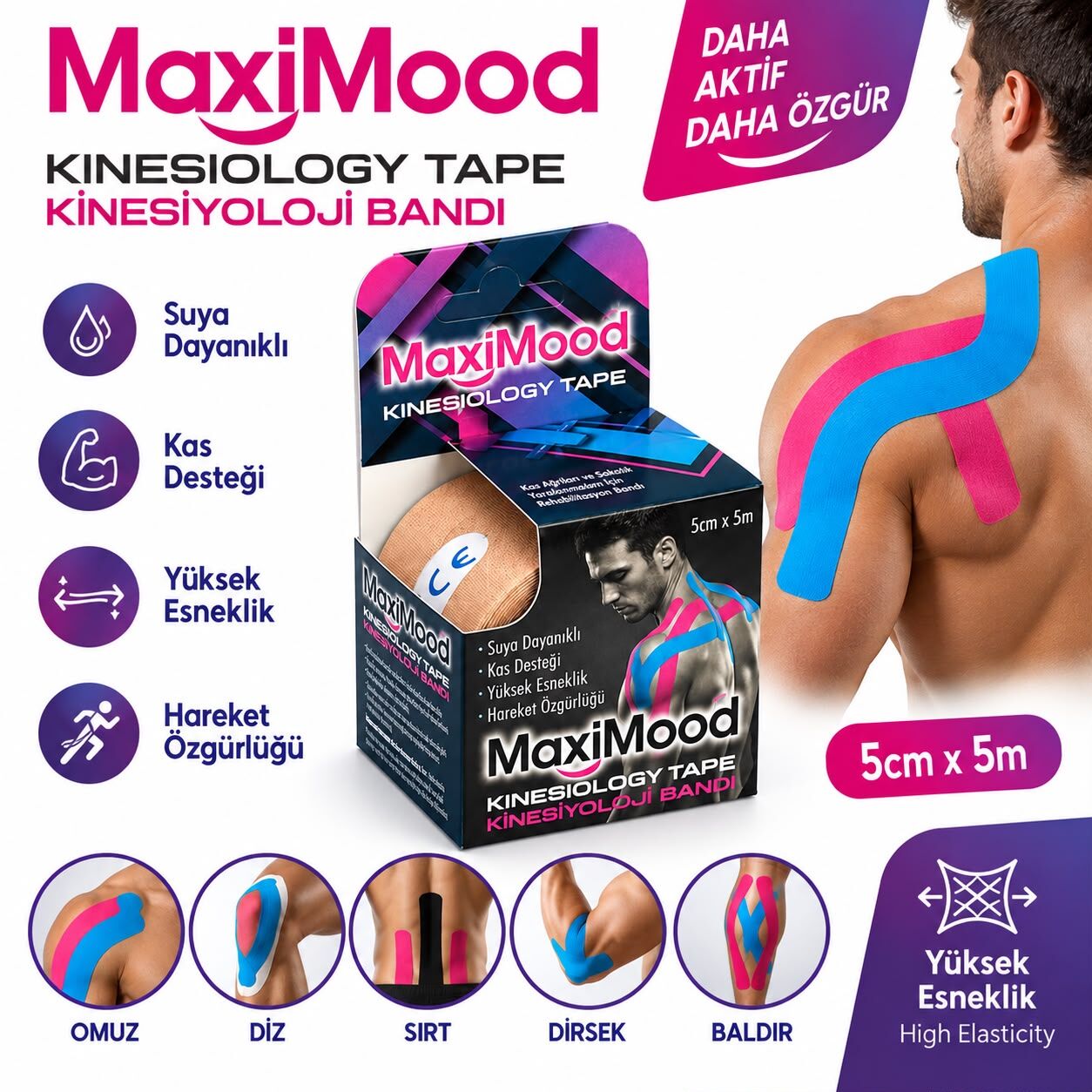 Maximood Kinesiyoloji Bandı 5cm X 5m - Ten