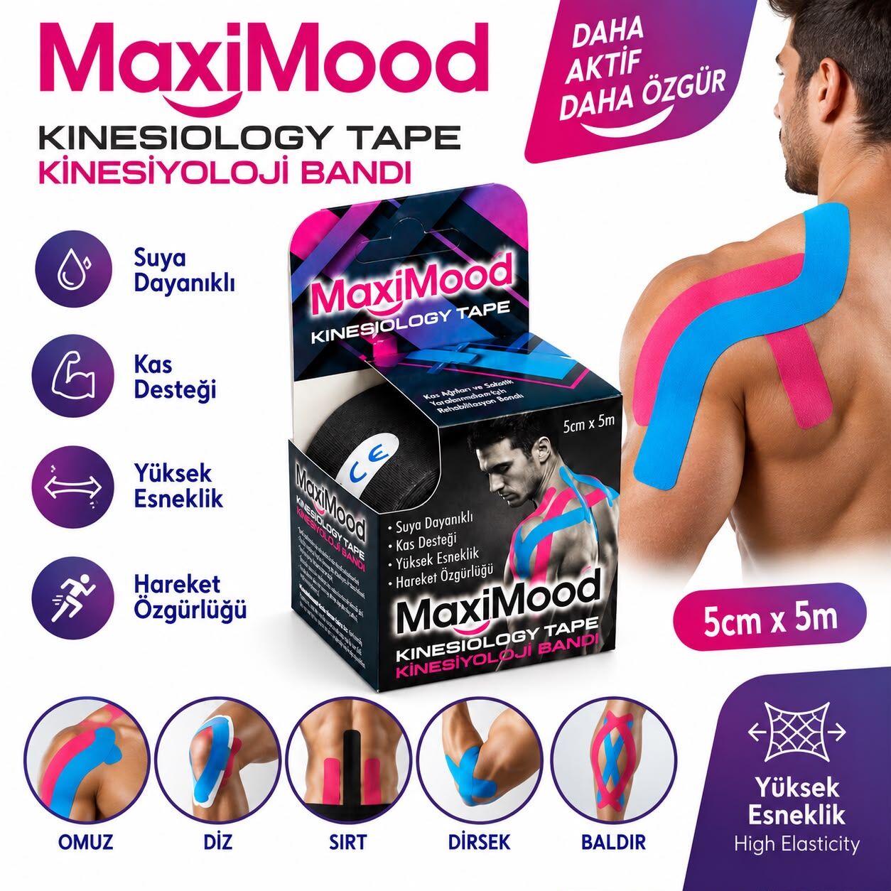Maximood Kinesiyoloji Bandı 5cm X 5m - Siyah